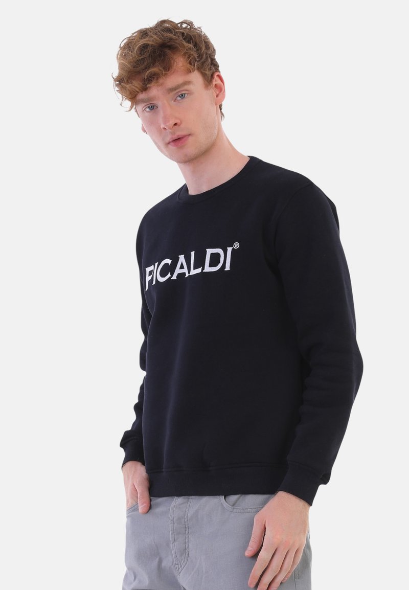 Schwarzer Sweatshirt aus weicher Baumwolle, mit Rundhalsausschnitt und besticktem "FICALDI"-Logo in Weiß auf der Brust. Lässiges Design mit gerippten Bündchen.