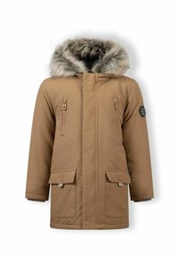 Hnedá zateplená parka s kapucňou lemovanou umelým kožušinou, dvoma zipsovými vreckami na hrudi a dvoma prednými klopovými vreckami. Obsahuje logový nášivku na rukáve.