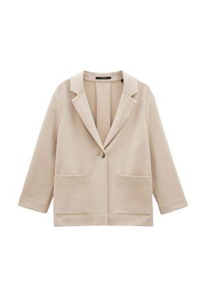 Blazer beige en tissu doux, avec un col en V, fermeture à un bouton, et deux poches avant, offrant une coupe décontractée.