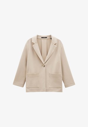 Beige blazer van zachte stof, met een geknopt kraag, enkele knoopsluiting en twee voorkouwen met een relaxte pasvorm.