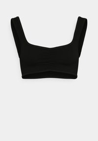 Brassière cropped preta com alças largas, decote quadrado e textura franzida ao centro. Tecido suave com silhueta ajustada.