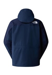 Námořnická modrá nepromokavá bunda s kapucí, přední zip, elastické manžety a logo na horní části zad v bílé barvě.