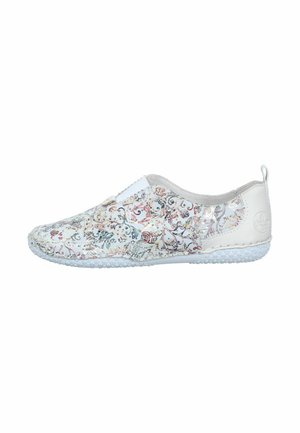 Slip-on shoe with white sole and multicolored floral and swirl patterns on a light background, featuring a small pull tab at the heel.