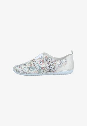 Slip-on shoe with white sole and multicolored floral and swirl patterns on a light background, featuring a small pull tab at the heel.