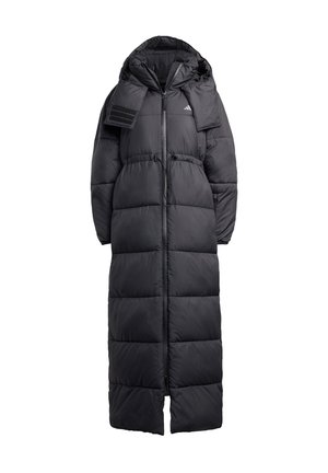 Black puffer coat with a long silhouette, a drawstring waist, and a hood. Features quilted sections and a zip front closure.