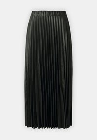 Black pleated skirt made of smooth material, featuring a waistband and a floor-length design with evenly spaced vertical pleats.