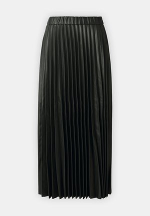 Gonna plissettata nera realizzata in materiale morbido, con vita alta e un design lungo fino al pavimento, con pieghe verticali distribuite in modo uniforme.