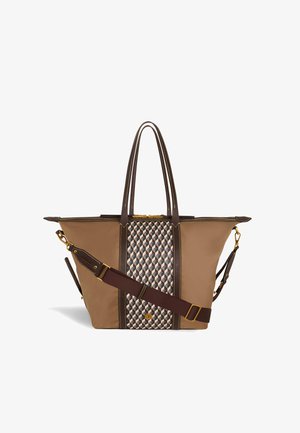 Brown tote bag with dark handles, adjustable shoulder strap, and central panel featuring a beige, black, and gray geometric pattern.