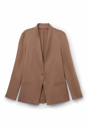 Brauner Ein-Knopf-Blazer mit langen Ärmeln, Reverskragen und zwei Frontleisten-Taschen, auf weißem Hintergrund präsentiert.