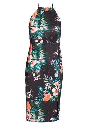 Robe midi noire sans manches avec imprimé floral tropical comprenant des fleurs roses, orange et blanches ainsi que des feuilles vertes, avec de fines bretelles.