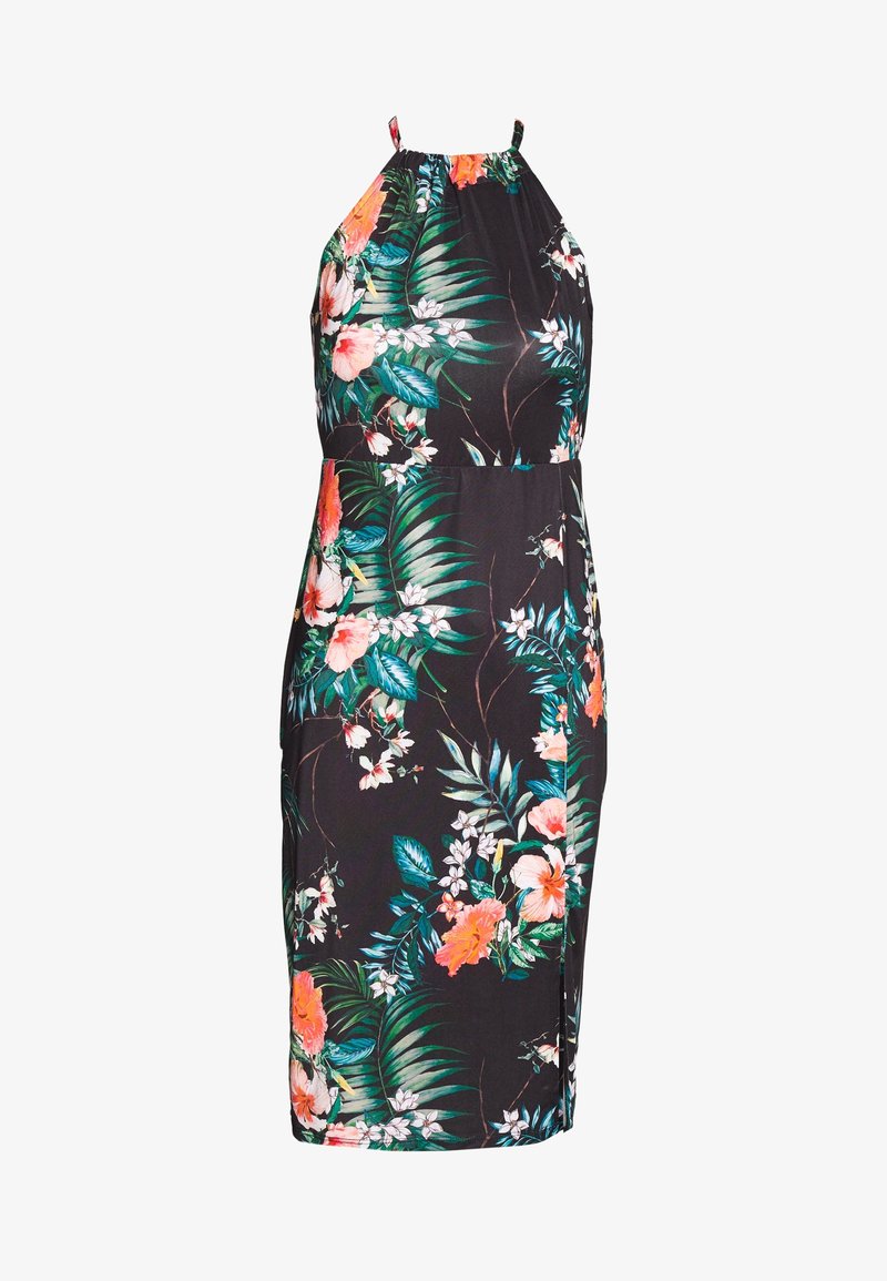 Robe midi noire sans manches avec imprimé floral tropical comprenant des fleurs roses, orange et blanches ainsi que des feuilles vertes, avec de fines bretelles.