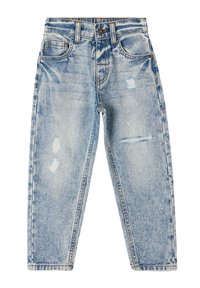 Jeans in denim azzurro chiaro con un design a gamba dritta, caratterizzati da dettagli strappati e cuciture a contrasto, cinque tasche e chiusura con bottone.