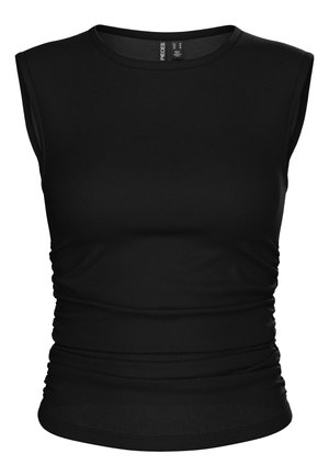 Top senza maniche nero realizzato in tessuto liscio, caratterizzato da un collo rotondo e dettagli arricciati ai lati per una silhouette aderente.