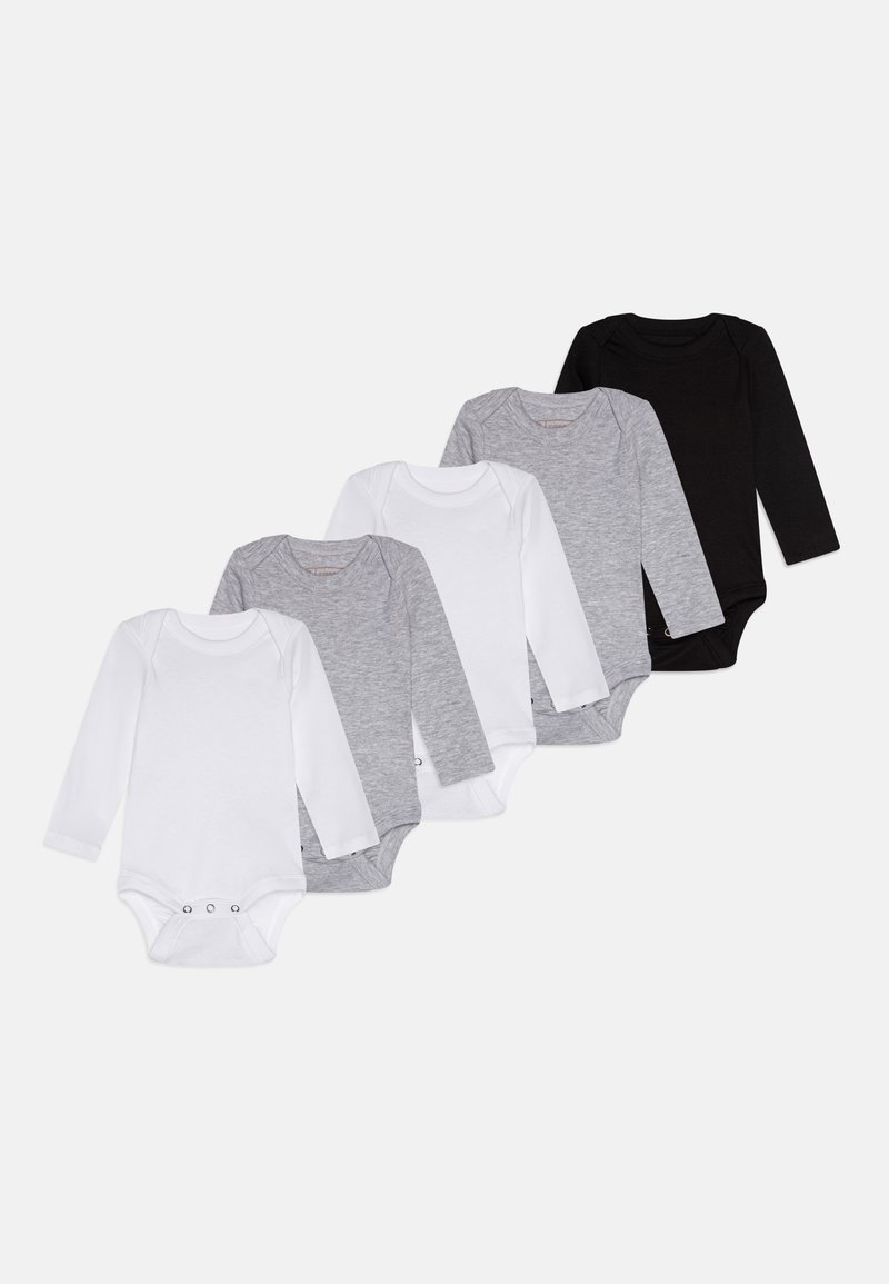Sett med fem langermede babybodys i hvit, grå og svart. Laget av myk bomull med trykknapper i bunnen. Enkelt design.
