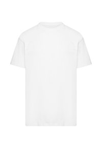 White cotton t-shirt, short sleeves, crew neckline. Simple, classic cut with a smooth texture and no visible patterns or accents.
