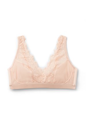 Light pink bralette made of mesh and lace, featuring a v-neck design, lace trim along the edges, and no underwire for comfort.