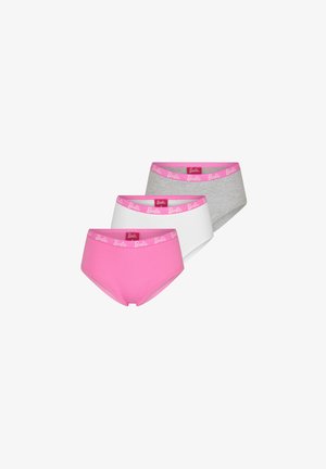 Drie paar damesonderbroeken in roze, wit en grijs. Elk heeft een zachte tailleband met het 'Barbie'-logo in roze letters. Katoenen materiaal.