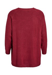 Tumši sarkans garo piedurkņu adīts džemperis, skatīts no aizmugures, ar apaļu kakla izgriezumu un ribotām piedurknēm un apakšmalu.