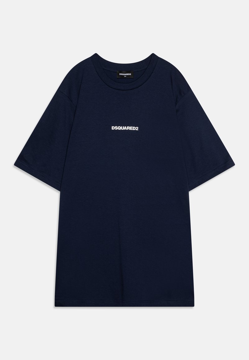 T-shirt en coton bleu marine à manches courtes, col rond, avec un logo blanc "DSQUARED2" imprimé sur le devant.