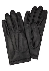 Black leather gloves with five individual fingers, featuring subtle stitching details and a smooth texture. Classic and form-fitting design.