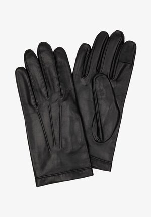 Zwarte leren handschoenen met vijf afzonderlijke vingers, voorzien van subtiele stikdetails en een soepele textuur. Klassiek en nauwsluitend ontwerp.