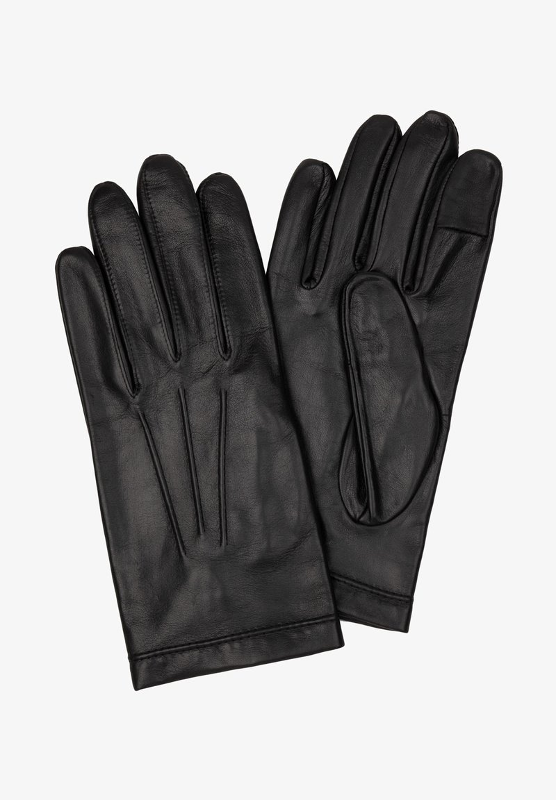 Black leather gloves with five individual fingers, featuring subtle stitching details and a smooth texture. Classic and form-fitting design.
