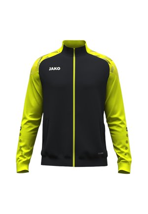 Giacca sportiva nera e gialla con zip, maniche lunghe, collo alto, logo sul petto sinistro e dettagli decorativi sulle spalle.
