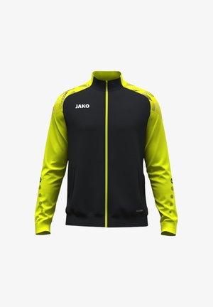 Zwart-gele sportjas met ritssluiting, lange mouwen, hoge kraag, logo op de linkerborst en patroonaccenten op de schouders.