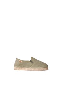 Olivgrön espadrille slip-on, tillverkad av canvas med elastiska sidopaneler och jutesula. Har sydda detaljer och en liten varumärkesetikett.