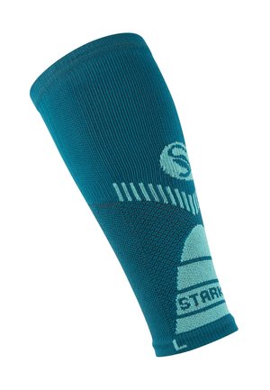 Türkise Kompressionsarmstütze mit strukturiertem Strickdesign. Verfügt über kontrastierende hellblaue Akzente und das Markenlogo nahe der Oberseite.