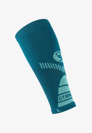Türkise Kompressionsarmstütze mit strukturiertem Strickdesign. Verfügt über kontrastierende hellblaue Akzente und das Markenlogo nahe der Oberseite.