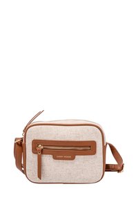 Crossbody torba, narejena iz teksturirane bež tkanine z rjavimi usnjenimi detajli. Ima sprednji žep z zadrgo in nastavljiv trak.