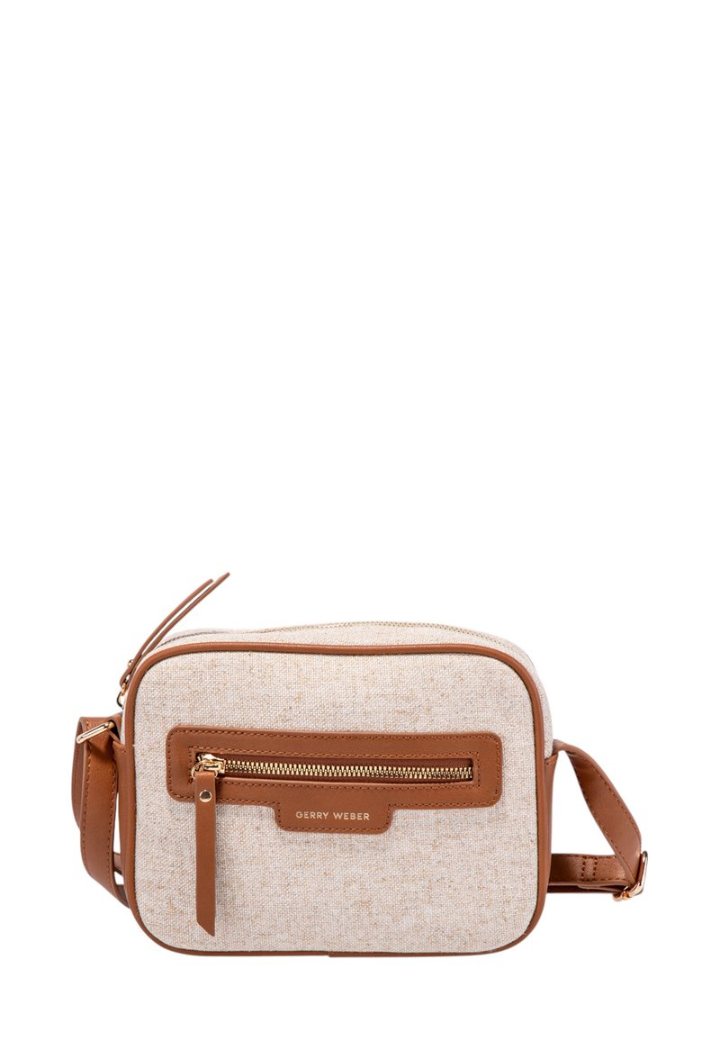 Crossbody torba, narejena iz teksturirane bež tkanine z rjavimi usnjenimi detajli. Ima sprednji žep z zadrgo in nastavljiv trak.