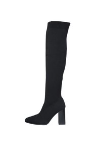 Botas de punto negras hasta la rodilla con tacón cuadrado, punta afilada y acabado texturizado. Presenta un puño acanalado en la parte superior para un mejor ajuste.