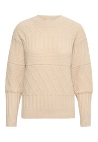 Beige gestrickter Pullover mit texturierten Rauten- und Rippenmustern, Rundhalsausschnitt und langen Ärmeln. Weicher, voluminöser Stoff für Wärme.