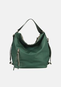 Borsa hobo verde realizzata in materiale testurizzato con minuteria dorata, dotata di chiusura a zip superiore e tasca laterale con zip. Design flessibile e morbido.