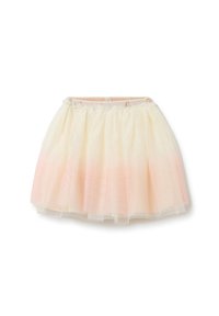 Tule rok met een gelaagde ontwerp, lichtbeige kleur met een roze ombre-effect aan de zoom, elastische tailleband en doorschijnende textuur.