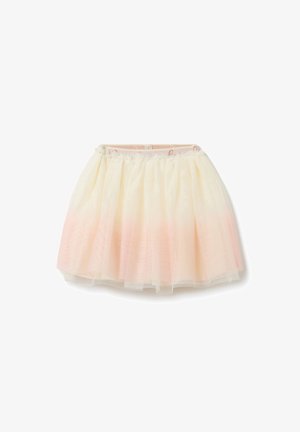 Tule rok met een gelaagde ontwerp, lichtbeige kleur met een roze ombre-effect aan de zoom, elastische tailleband en doorschijnende textuur.