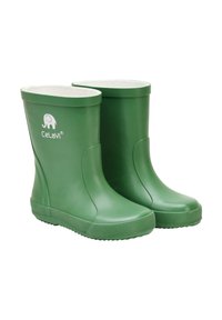 Bottes en caoutchouc vertes avec une finition lisse, doublure blanche, semelle texturée et logo d'éléphant sur le côté. Conçues pour un usage imperméable.