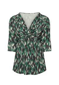 Blusa verde e nera a fantasia con scollo a V, dettaglio arricciato nella parte anteriore e maniche a tre quarti. Tessuto leggero con un design fluido.
