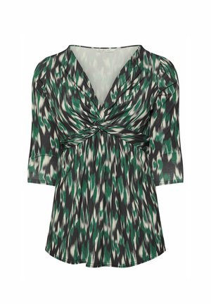 Grøn- og sortmønstret bluse med V-udskæring, samlet detalje foran og trekvartærmer. Letvægtsstof med en flydende design.