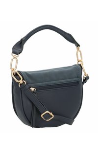Pequeño bolso de piel de color azul marino tipo crossbody con una forma curva, cierre superior de cremallera, herrajes en tono dorado y una correa desmontable.