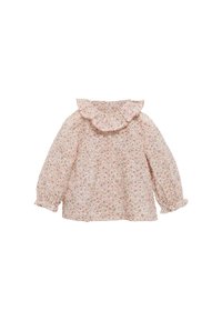 Blusa rosa a maniche lunghe con colletto a volant e motivo floreale in tonalità di arancione e giallo, con polsini elasticizzati e vestibilità ampia.