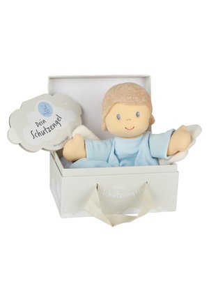Plush angel doll with beige hair and blue outfit sitting inside a white gift box labeled "Dein Schutzengel" with cloud-shaped tag.
