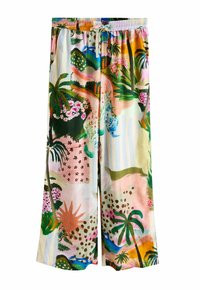 Laiade pükste valmistatud kerge kangaga, millel on värvikas troopiline muster erinevate taimede, lillede ja abstraktsete kujunditega.