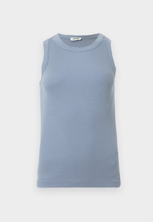 Blue sleeveless top with a ribbed texture, round neckline, and a fitted design. Fabric appears smooth and lightweight.