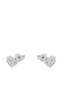 Orecchini a forma di cuore in argento con molteplici cristalli trasparenti incastonati sulla superficie frontale, dotati di chiusure a pressione sicure.