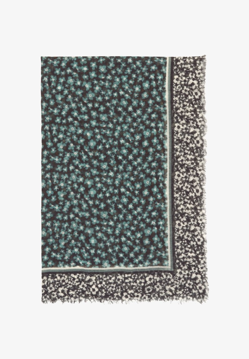 Écharpe à motifs floraux dans les tons bleu sarcelle et noir, avec une bordure florale contrastante en noir et blanc et des bords frangés.
