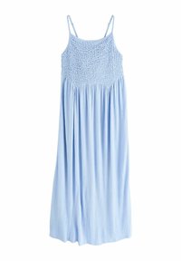 Svetlomodré bezrukávové slnečné šaty so smockovaným živôtikom a splývavou sukňou. Vyrobené z ľahkej tkaniny s jemnou štruktúrou.