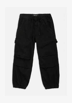 Črne cargo hlače iz bombaža, z elastičnim pasom z vrvico, stranskimi žepi in zoženimi manšetami.